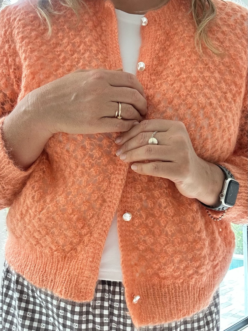 Textured Orange Pearl-Button Knit Cardigan